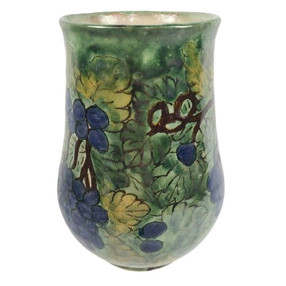 Talavera Pottery Vase La Corona Tlaxcala Mexico 6.75" Signed Grapes Grape Vine - Picture 3 of 9